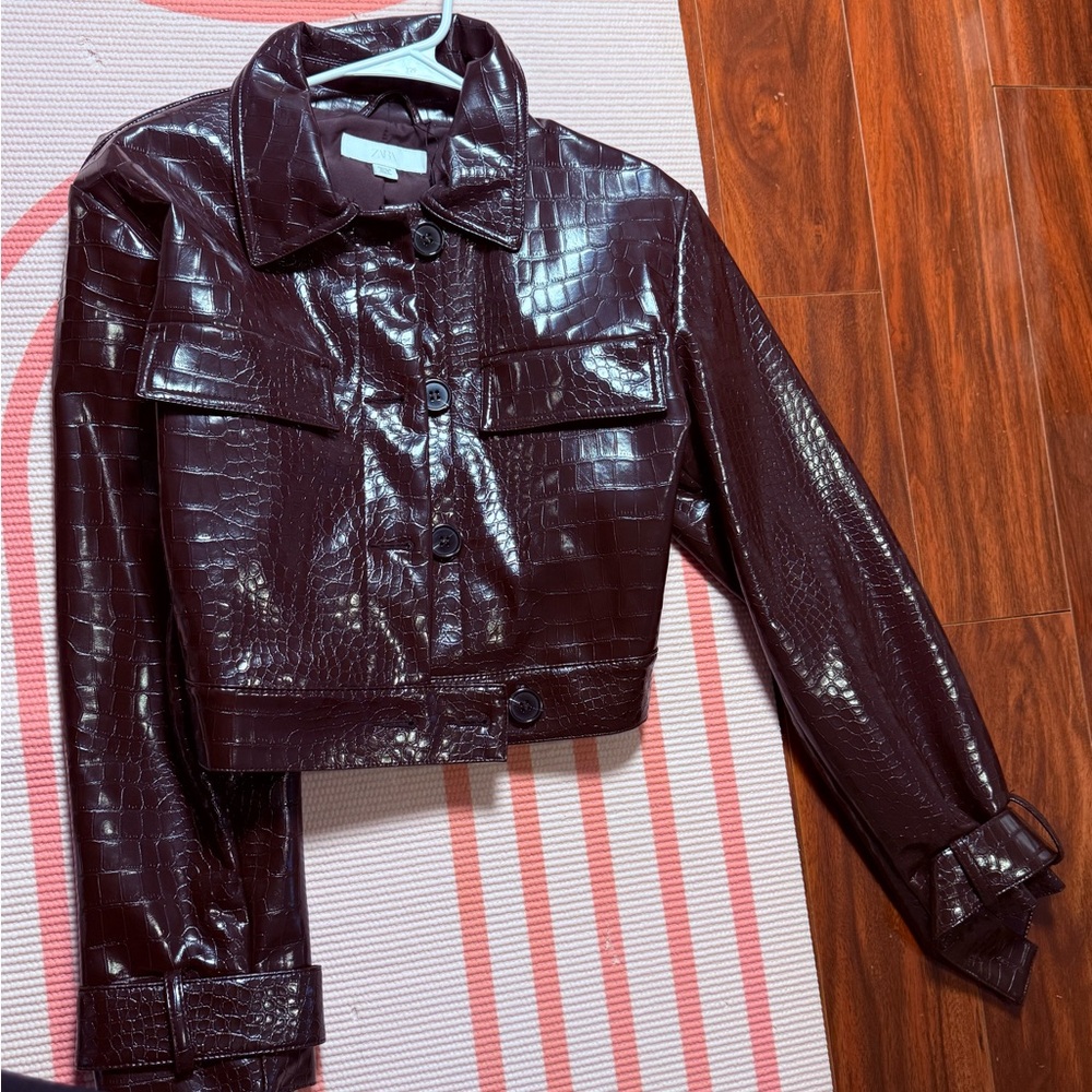 Zara Cropped Patent Leather Jacket - Dark Brown - Picture 10 of 12
